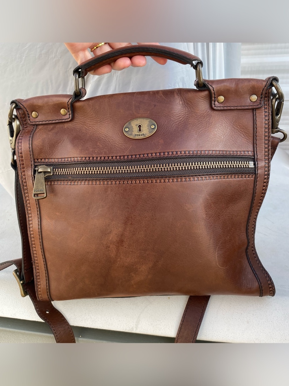 FOSSIL vintage revival reissue brown leather calfhair giraffe satchel bag purse - Picture 7 of 16